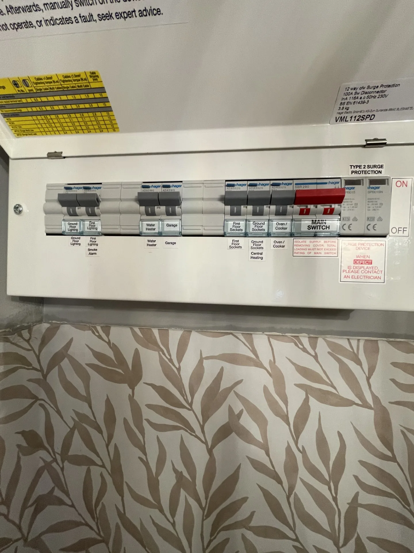 Consumer unit wiring neatly terminated and labelled